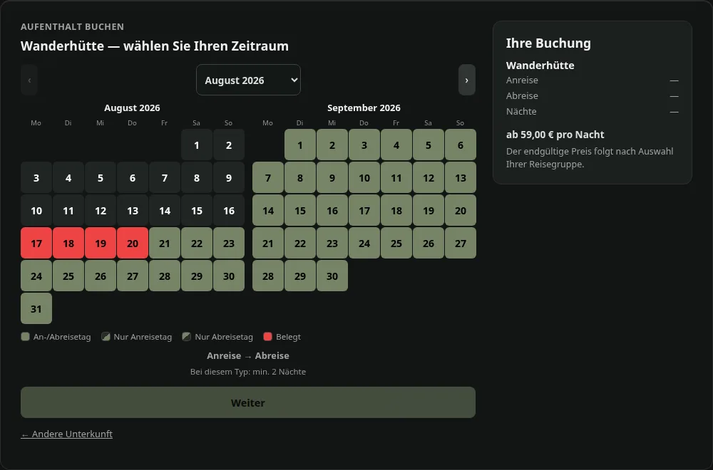 Dezelfde boekingswidget in het Duits: een kalender van twee maanden met vrije, bezette en gekozen dagen, en een boekingsoverzicht ernaast.