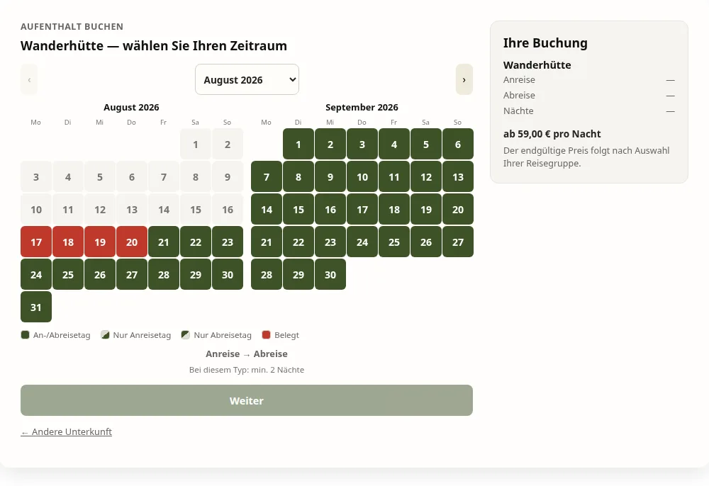 Dezelfde boekingswidget in het Duits: een kalender van twee maanden met vrije, bezette en gekozen dagen, en een boekingsoverzicht ernaast.